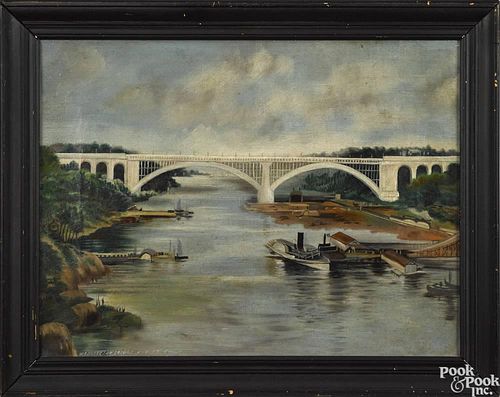 Oil on canvas view of the Washington Bridge over the Harlem River, early 20th c., with docks