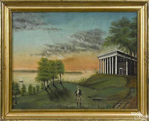 Watercolor on sandpaper view of George Washington at Mount Vernon and the Potomac at sunset