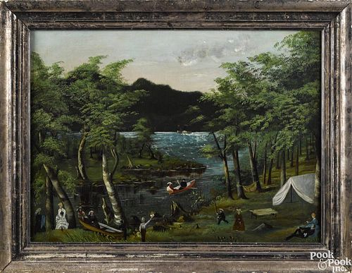American primitive oil on canvas landscape, late 19th c., with figures picnicking by a river