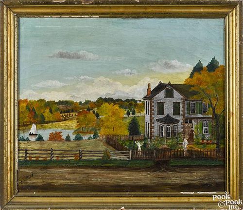 American primitive oil on canvas landscape, late 19th c., depicting a Victorian estate with a pond