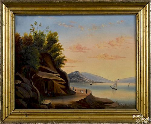 Hudson River School, oil on canvas landscape, 19th c., of Sybil's Cave on the Hudson River