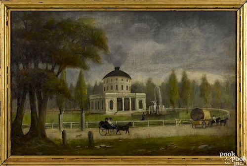 Pennsylvania oil on board landscape, mid 19th c., depicting Benjamin Latrobes Pump House