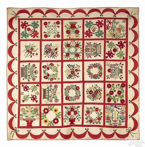 Baltimore album quilt, mid 19th c., with twenty-five floral and bird appliqué panels