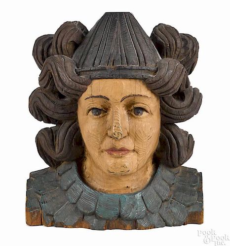 Carved and painted pine bust of a woman, 19th c., 15'' h. Provenance: Rowlands Antiques