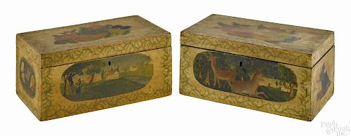 Rare pair of New England painted rectangular dresser boxes, mid 19th c., with fitted interiors