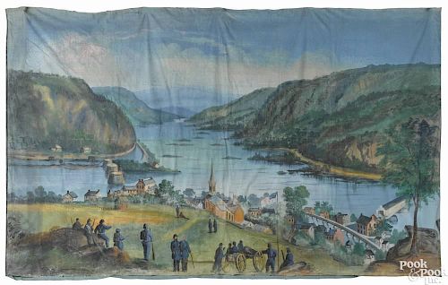 Large painted fabric wall hanging, 19th c., depicting Union soldiers overlooking Harpers Ferry