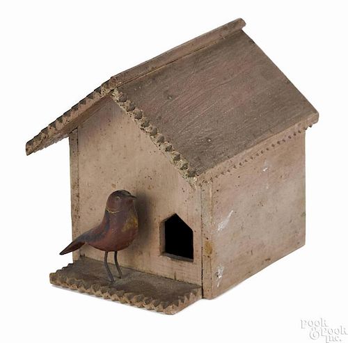 Pennsylvania carved and painted wooden birdhouse whimsy, ca. 1900, with a gabled roof, 4 1/4'' h.
