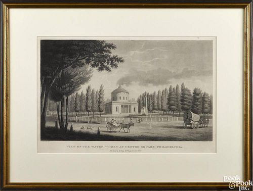 Aquatint etching, titled View of the Waterworks at Centre Square, Philadelphia, ca. 1830