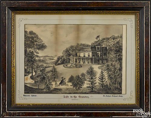 Maryland charcoal drawing of a Victorian house overlooking a river, late 19th c.