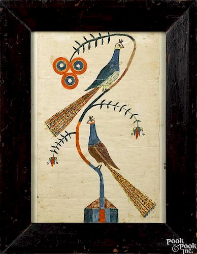 Pennsylvania watercolor fraktur, mid 19th c., of two peacocks perched on a flowering tulip tree