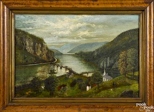 American oil on canvas view of Harpers Ferry, West Virginia, mid 19th c.