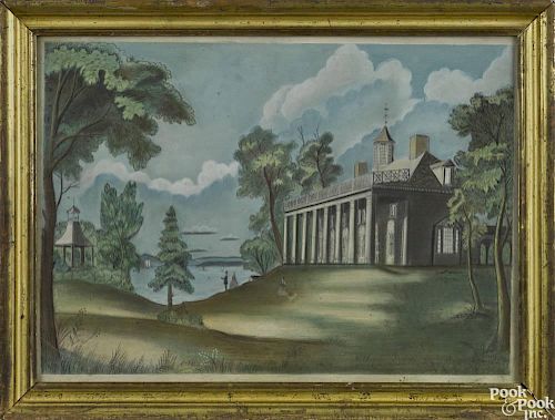 Gouache on paper view of Mt. Vernon, mid 19th c., with figures on the lawn and the Potomac