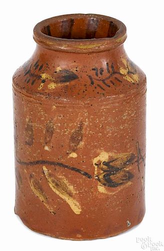 Hagerstown, Maryland redware jar, ca. 1800, with slip tulip decoration, 7 1/4'' h.