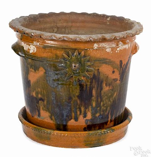 Pennsylvania redware flowerpot and undertray, 19th c., attributed to the Wagner Pottery