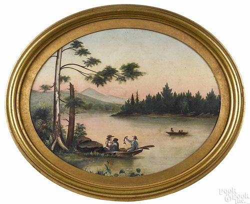 American oil on board primitive landscape, late 19th c., with figures fishing on a lake