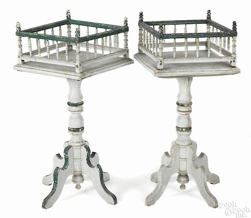 Pair of painted pine stands, late 19th c., with galleried tops