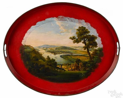 English painted tin tray, ca. 1850, with a large panoramic view of Coblenz, Germany