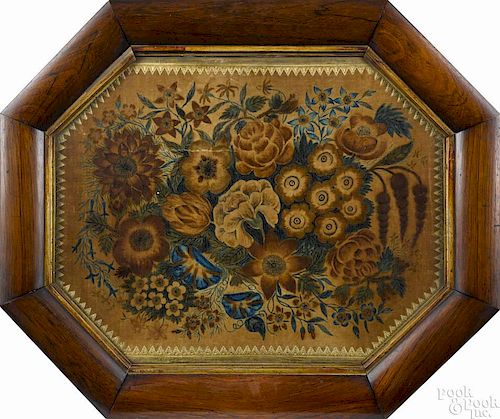 American oil on velvet theorem of flowers, mid 19th c., with a sawtooth gilt foil surround