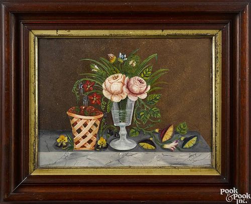 Pair of oil on board still life paintings, late 19th c., with flowers and fruit on a marble pier