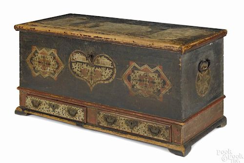 Lancaster County, Pennsylvania ''Embroidery Artist'' painted pine dower chest, dated 1785