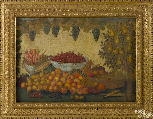 Oil on burlap primitive still life of fruit, 19th c., possibly by Isaac Nuttman, Newark