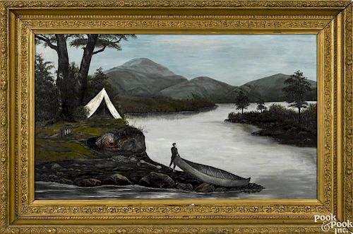 American primitive oil on canvas landscape, late 19th c., with a fisherman camping on the river