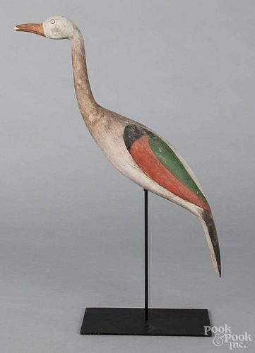 Carved and painted heron confidence decoy, 20th c., appears to be carved from a single piece