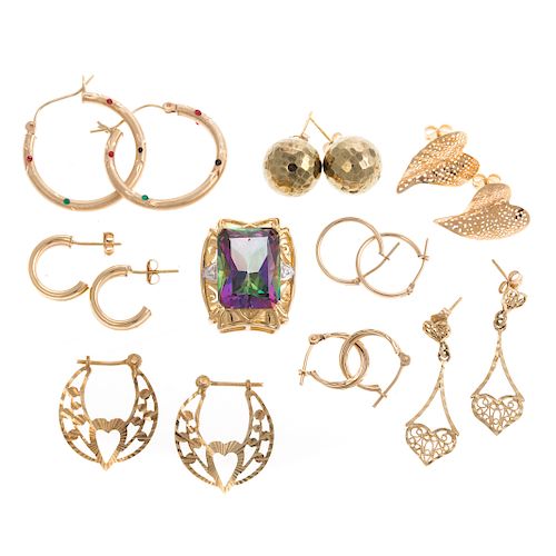 Eight Pairs of Gold Earrings & Mystic Topaz Slide