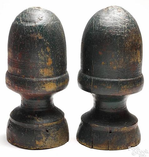 Pair of turned and painted acorn architectural elements, 19th c.