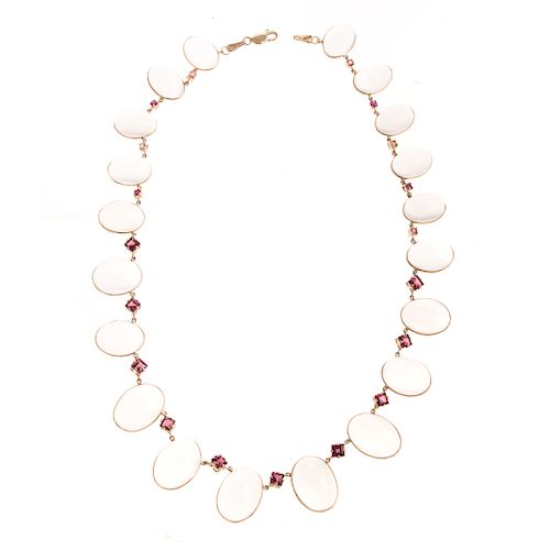 A Graduated Moonstone & Ruby Station Necklace