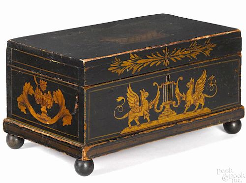 Fancy painted pine lock box, ca. 1830, possibly Baltimore, the lid decorated with a basket