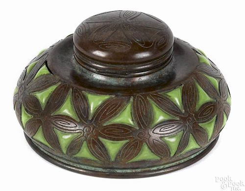 Tiffany Studios patinated bronze and blown-out glass inkwell, 3 3/4'' h., 6 3/4'' w.