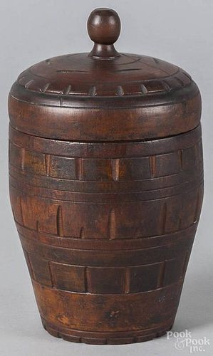 Pennsylvania carved and turned lidded tobacco canister, 19th c., found in East Berlin, York County