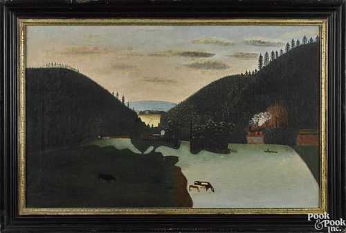 Primitive oil on canvas landscape, late 19th c., with cows watering at a lake, a fisherman