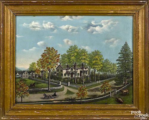 American oil on canvas street scene, late 19th c., depicting a large farm estate with lakes