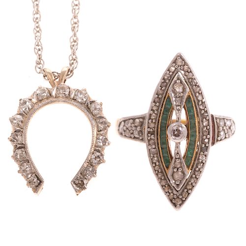 A Diamond Horseshoe Pendant & Diamond Navette Ring
