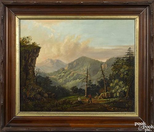 American oil on canvas mountain landscape, 19th c., with hunters, 18'' x 22''.
