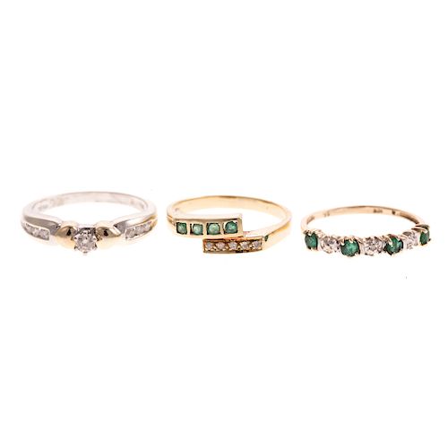 A Trio of Emerald and Diamond Rings in Gold