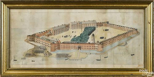 American ink and watercolor view of a Civil War era fort, 9'' x 22 1/2''.