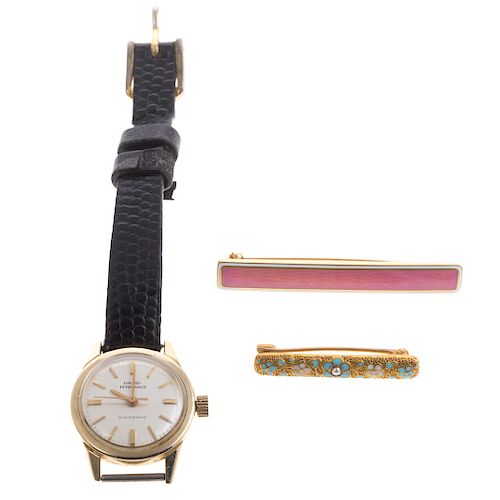 A Pair of Enamel Bar Pins and Watch in 14K