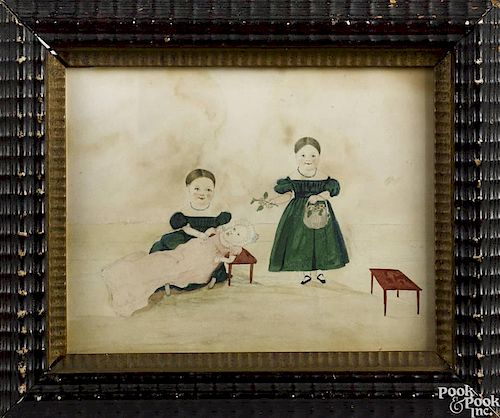 Watercolor interior portrait of three children, two little girls in matching green dresses