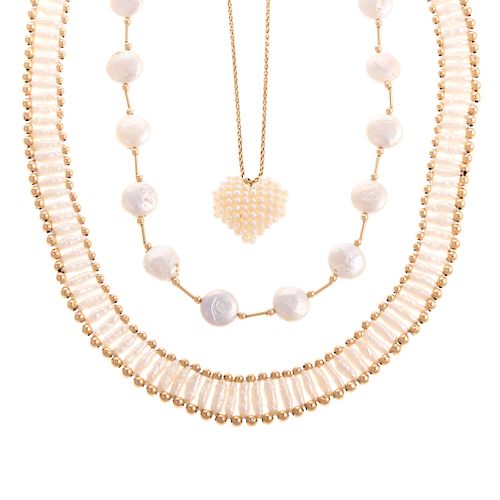 A Trio of Ladies Freshwater Pearl Necklaces in 14K
