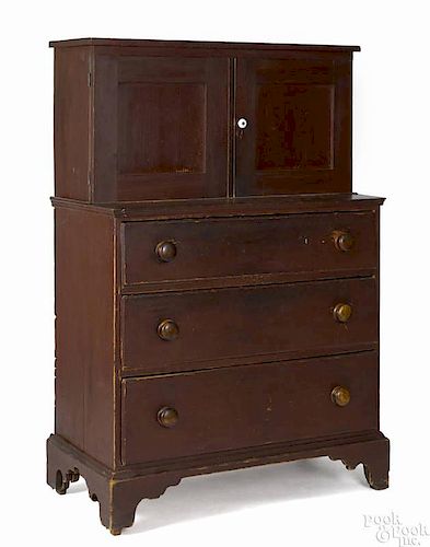 New England painted pine chest of drawers, late 18th c., with a later cupboard top