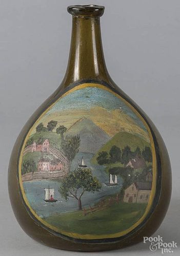 Blown, olive green glass bottle, ca. 1800, with a later painted river landscape, 11'' h.