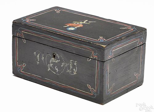 Massachusetts painted pine dresser box, signed on the interior Fanny B. Coffin Taunton, Mass