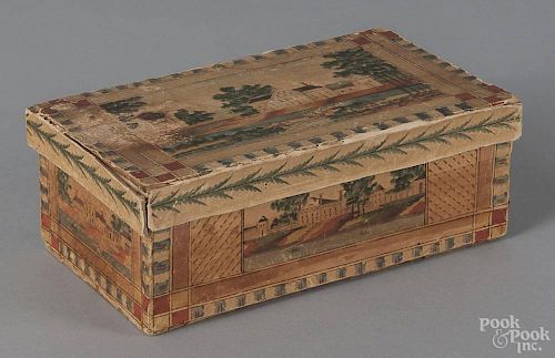 New England watercolor and wallpaper covered box, dated 1837, probably Maine