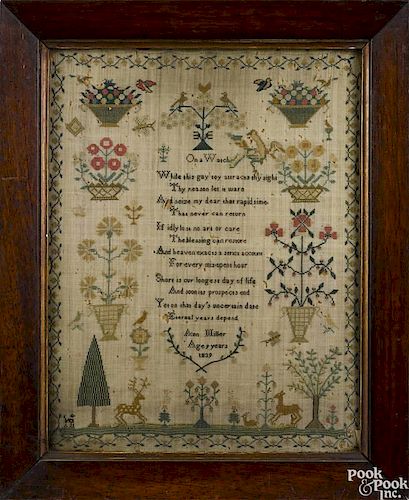 English silk on linen sampler, dated 1839, wrought by Ann Miller, 16 1/2'' x 12 3/4''.