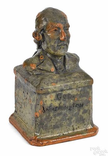 Pennsylvania redware bank, 19th c., with a bust of George Washington, 6'' h.