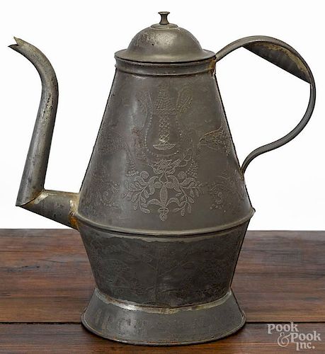 Berks County, Pennsylvania tin wrigglework coffeepot, dated 1848, stamped by the maker