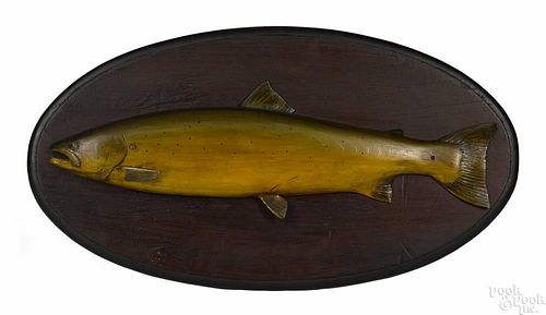 South Paris, Maine carved and painted half model plaque of a salmon, early 20th c., 16'' h.